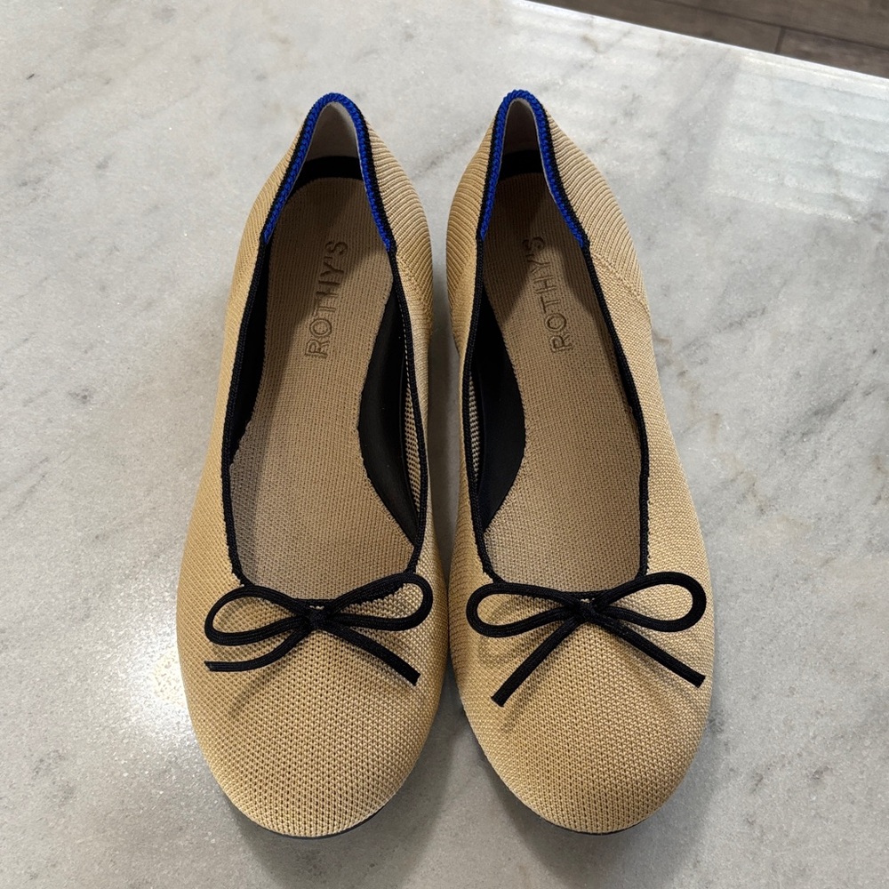 Rothy's Beige and Black Flats with Blue Trim